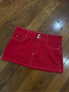 refuge Red Denim Mini Skirt with Contrast Stitching